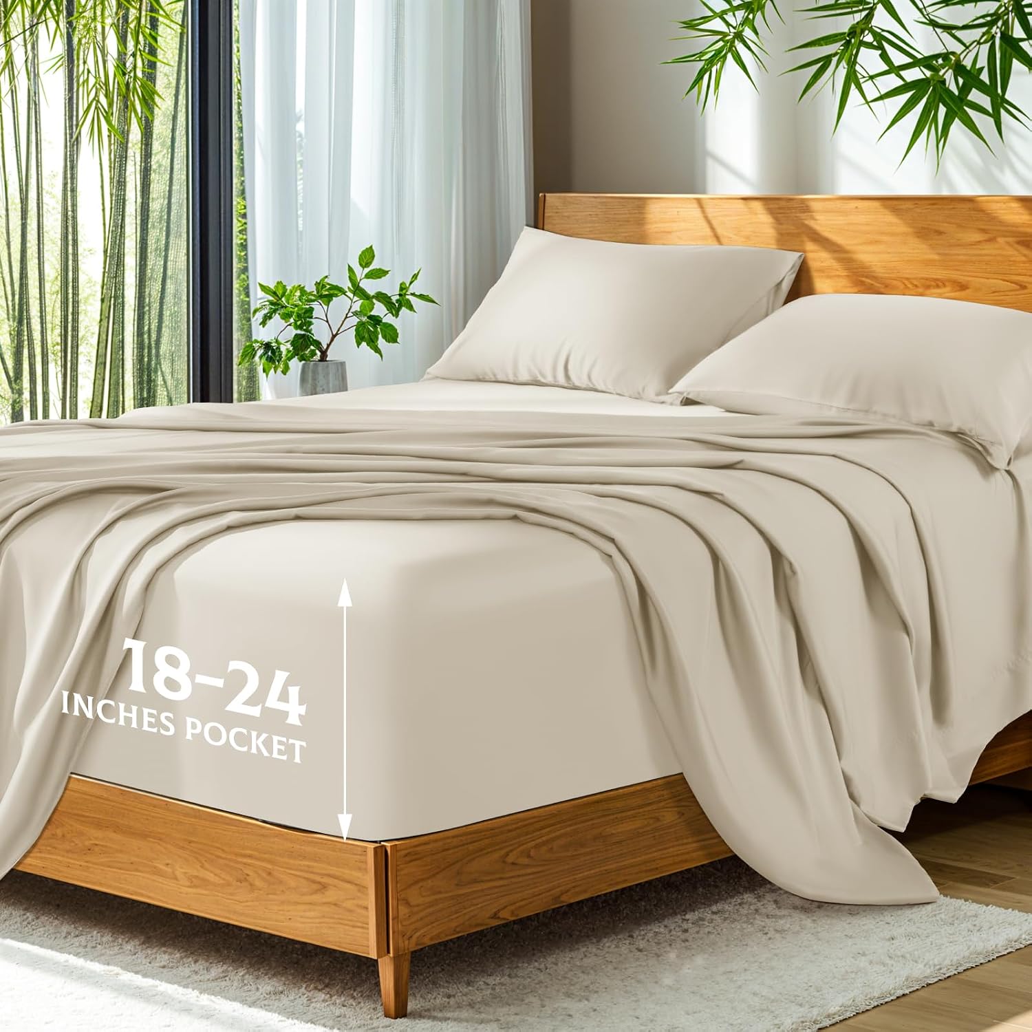 SONORO KATE 100% Bamboo-Derived Viscose Bed Sheets (Beige, King) with Extra-Deep Pockets