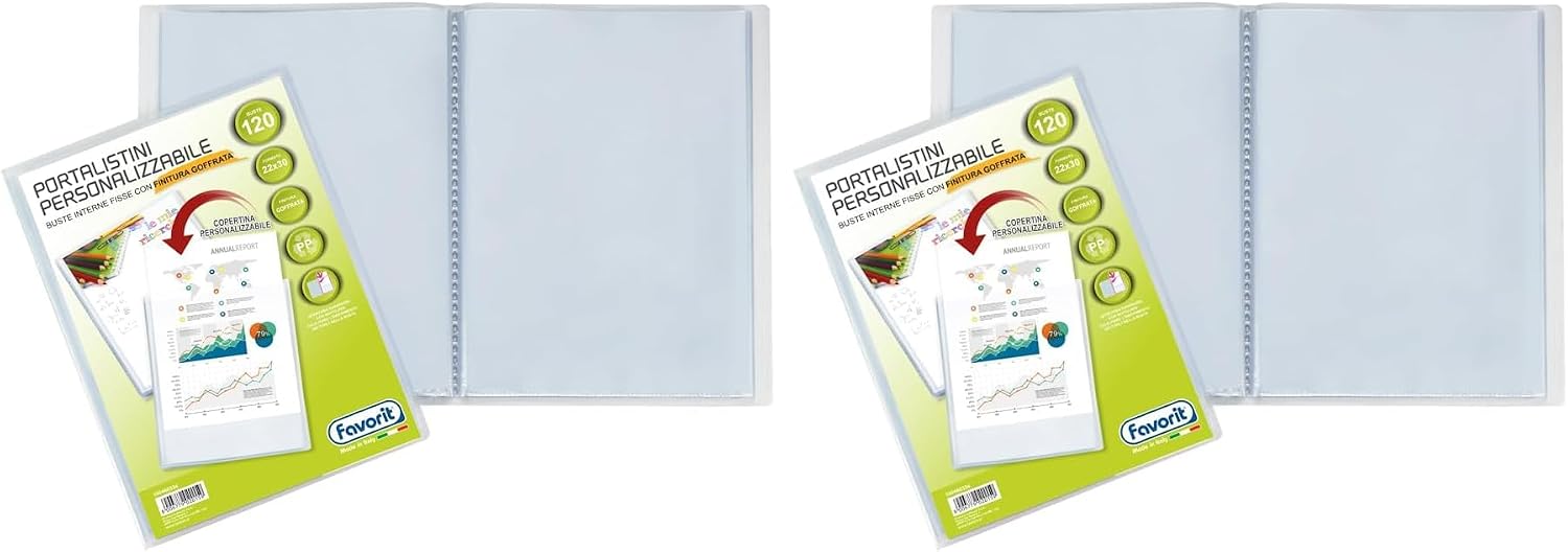 Detalle de Favorit Portalistino con Buste Fisse e Tasca Frontale Personalizzabile – Fogli 120 trasparenti 22x30 cm A4