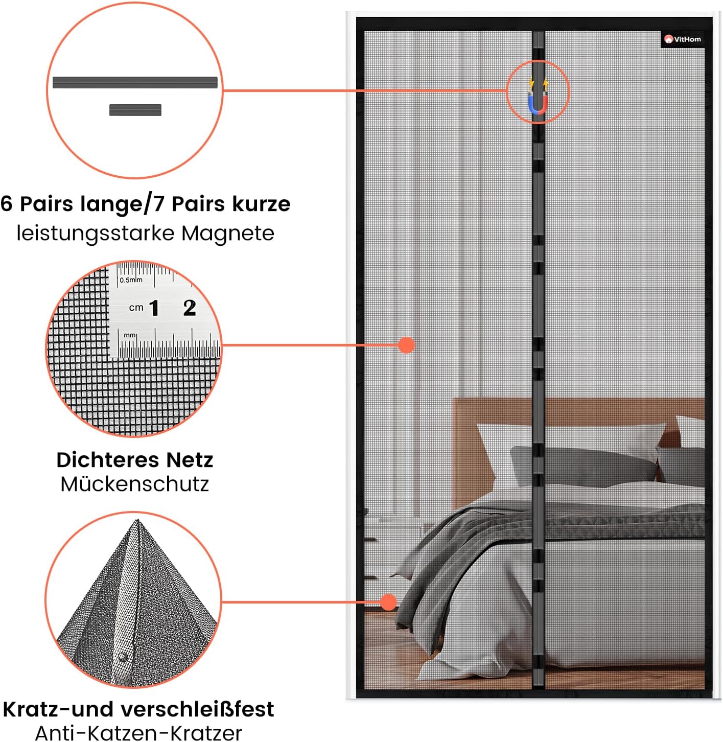 Thumbnail 5 de VitHom flammhemmendes Fliegengitter für Balkontür mit Magnetverschluss (Glasfaser), 90x200 cm – schwarz