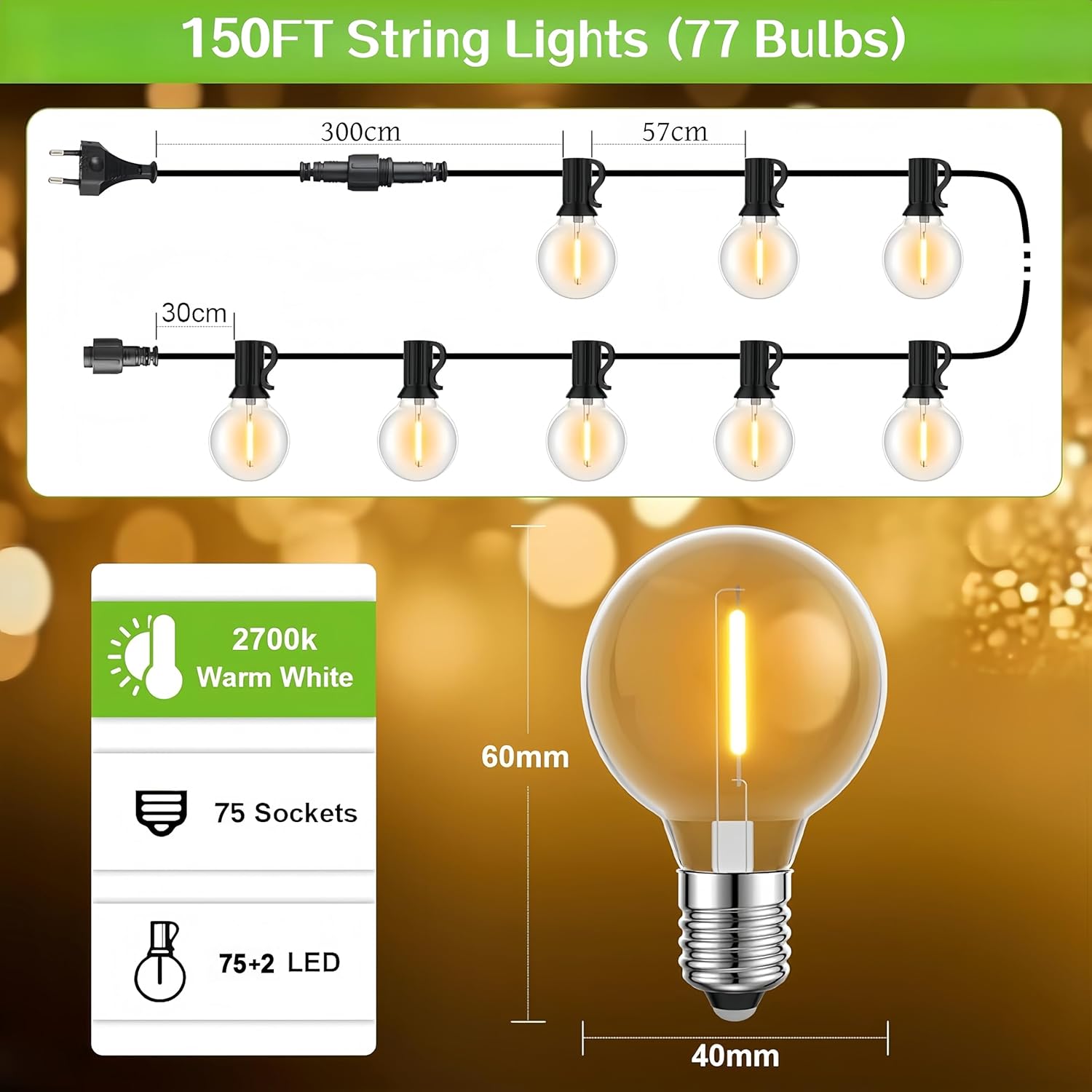 Detalle 2 de LaPitio Catena Luminosa Esterno 45.7M IP45 – Luci da Giardino con 75+2 LED, Bianco Caldo 2700K