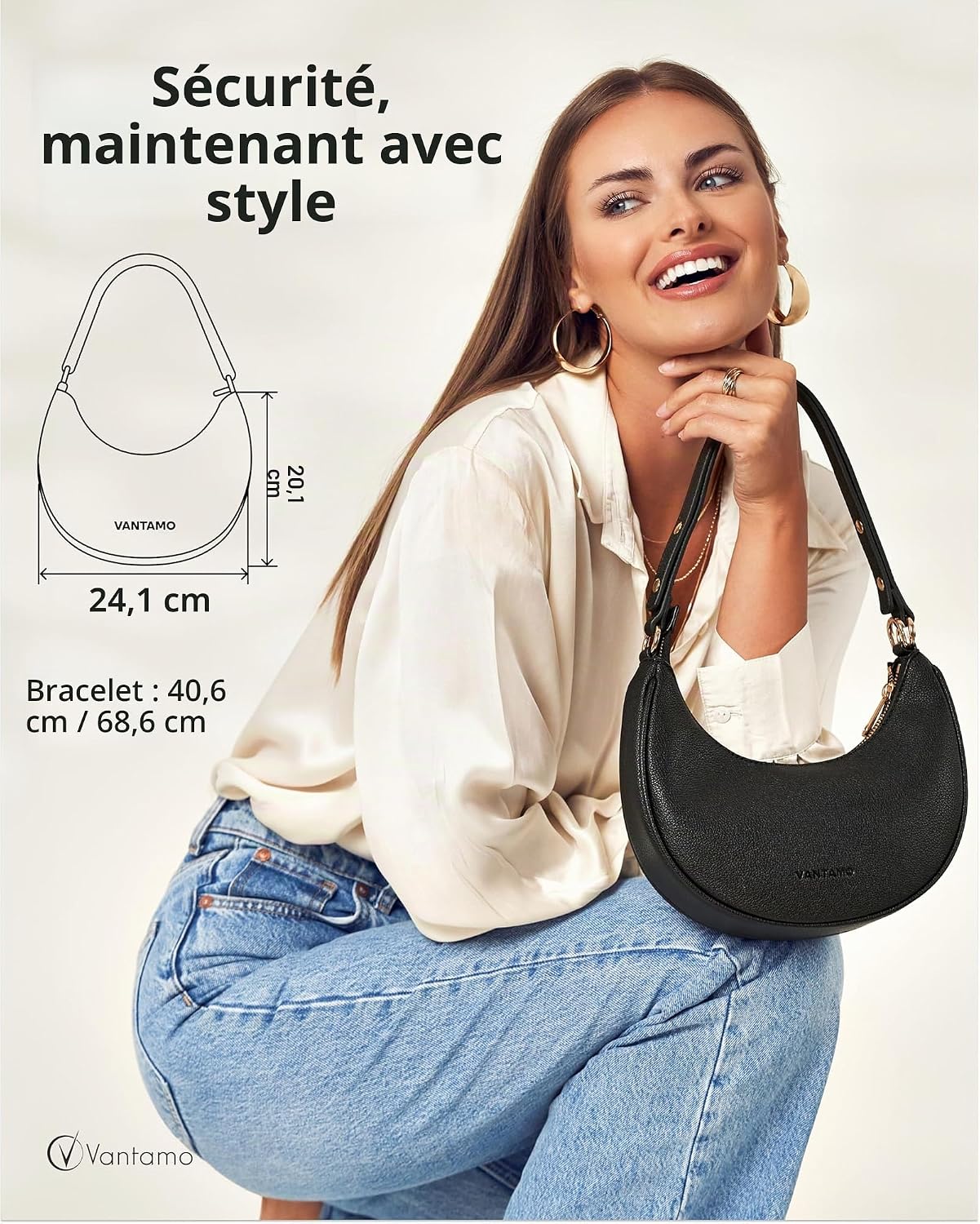 Detalle de Vantamo Sac demi-lune pour femme en similicuir avec protection RFID et bandoulière réglable
