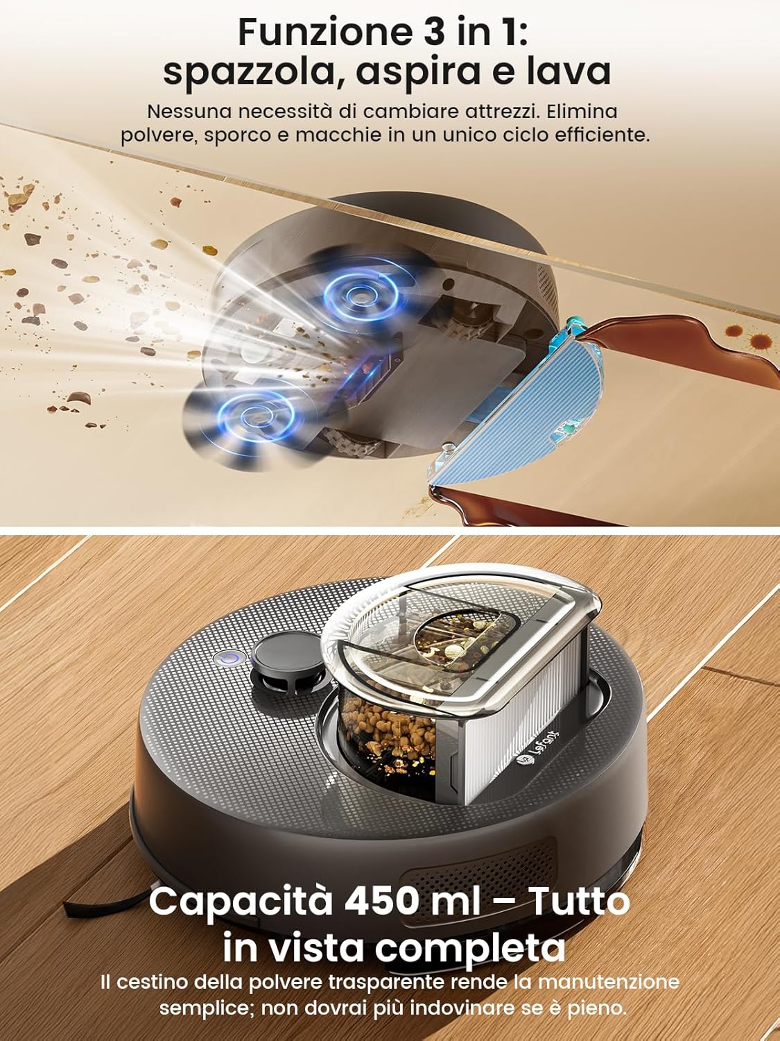 Detalle 2 de Lefant M330 Plus: robot aspirapolvere lavapavimenti con mappatura e lavaggio 3 in 1 per pavimenti duri