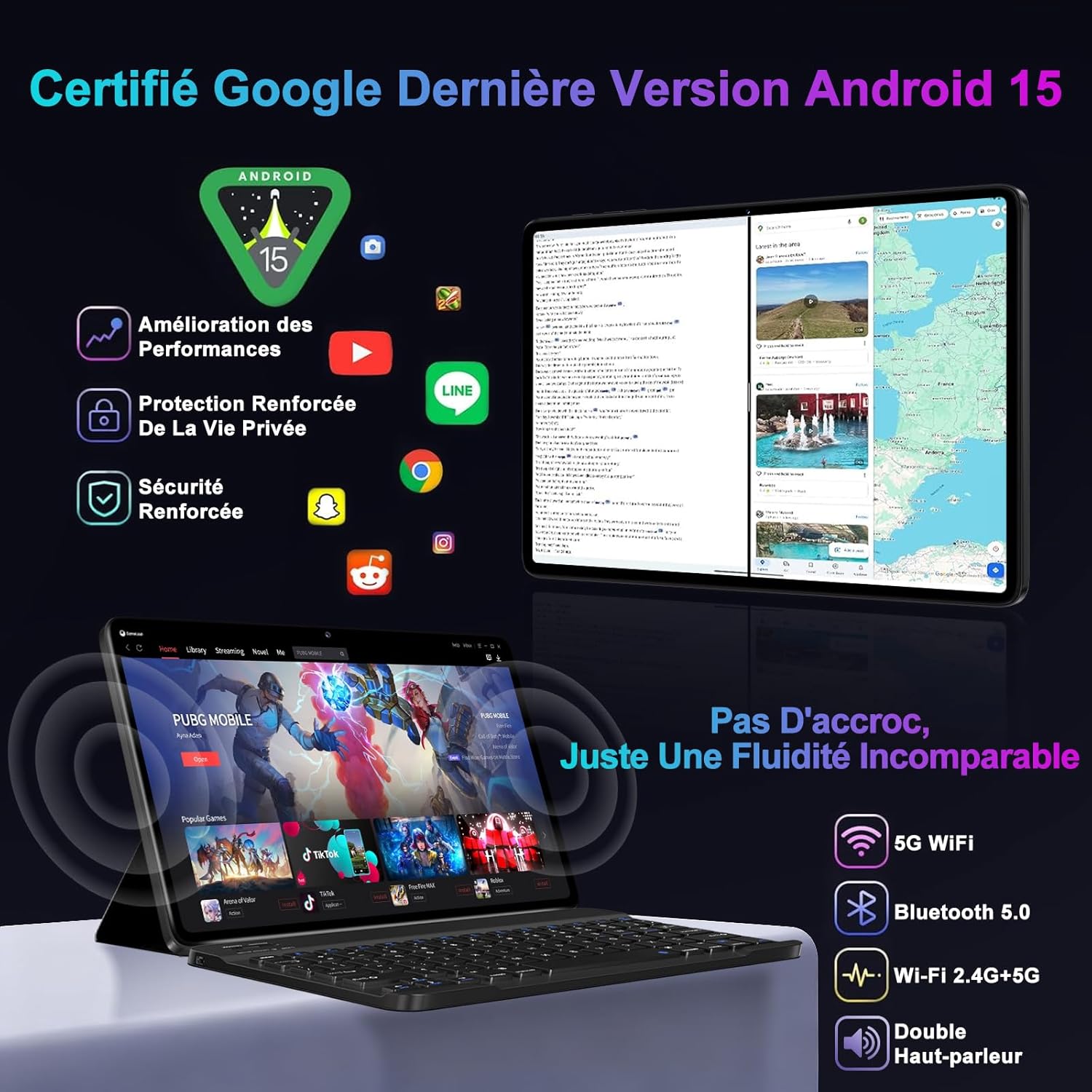 Thumbnail 2 de Android 15 Tablet 10.1" con Octa-Core 2.0GHz, 30GB RAM / 128GB ROM (espansione fino a 2TB), Gemini AI, 8000mAh, Widevine L1, 5G Wi‑Fi, Face ID, Tastiera e Mouse (Nero)