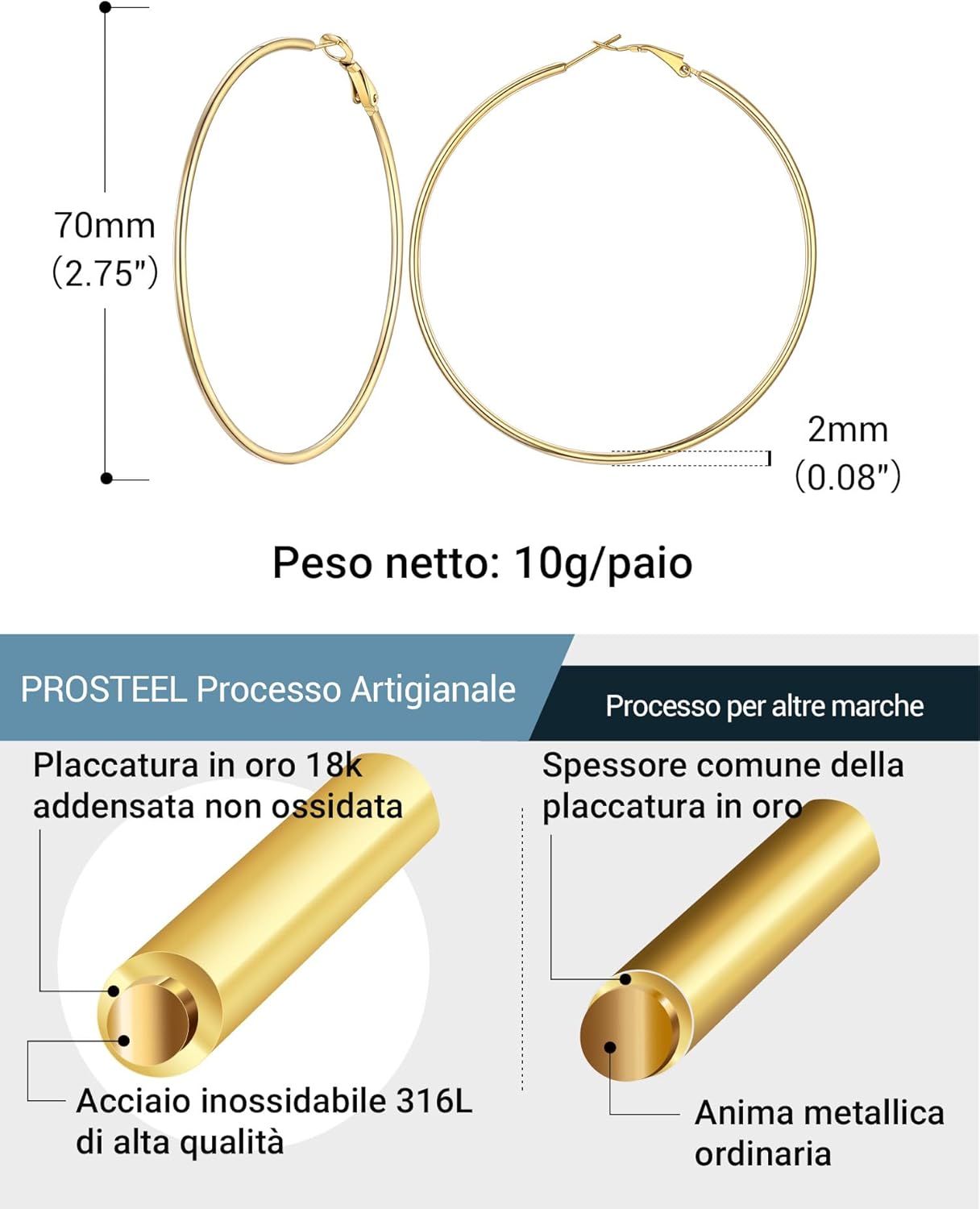 Thumbnail 2 de Prosteel orecchini a cerchio placcati oro 14K in acciaio 316L ipoallergenici da donna, stile vintage minimal
