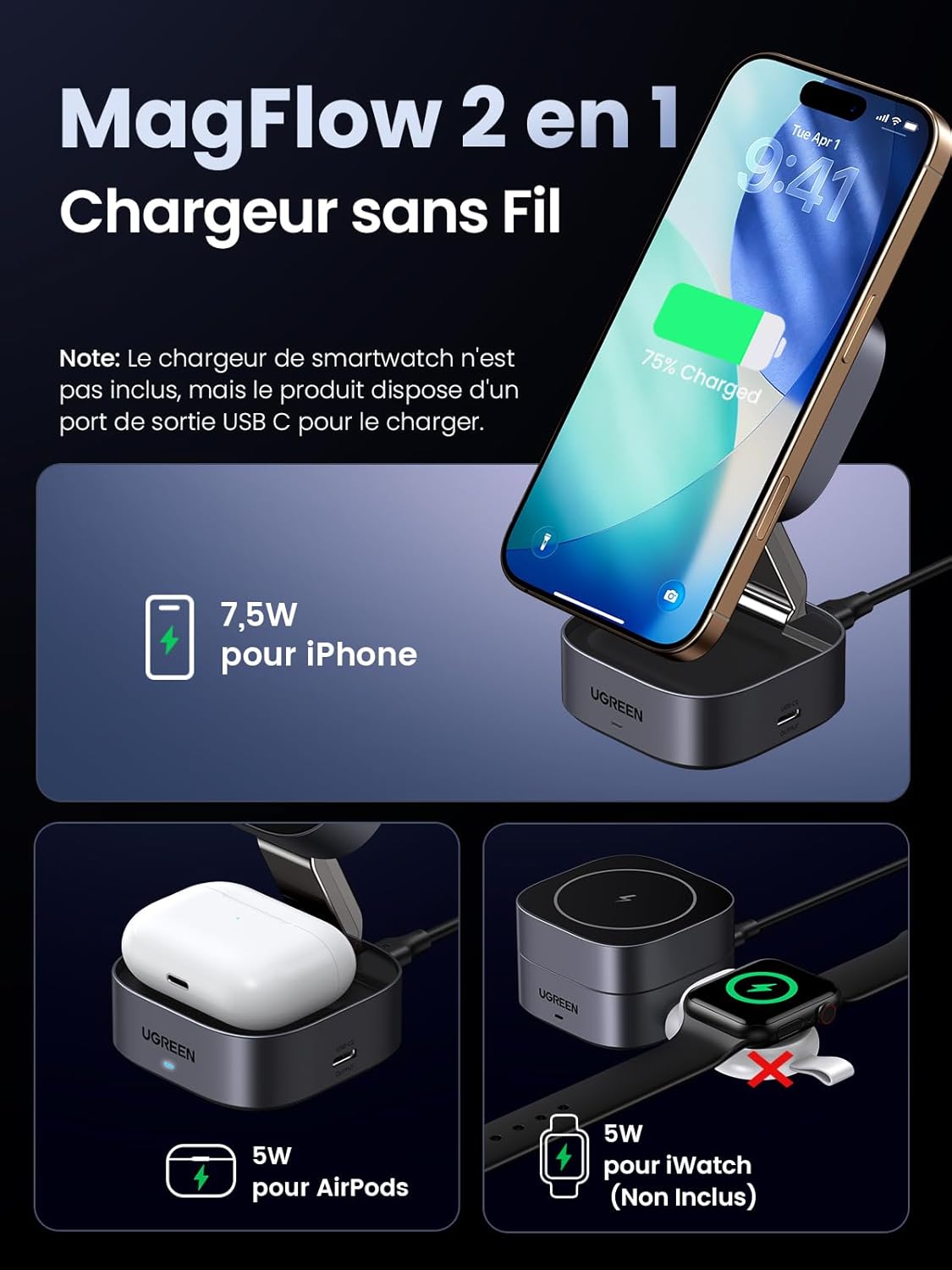 Thumbnail 1 de UGREEN MagFlow Chargeur Induction 2 en 1 MagSafe pour iPhone et AirPods – pliable, angle réglable