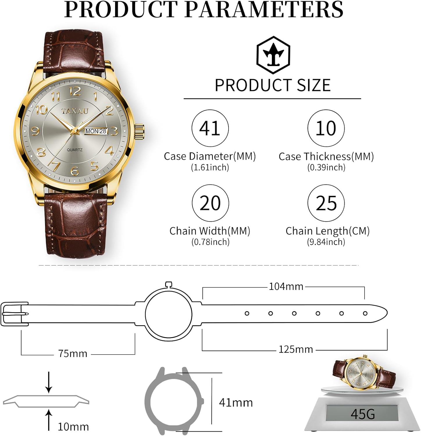 Detalle de Taxau Herren Quarzuhr mit Doppelkalender, Tag-Datum und 30 m wasserdichtem Lederarmband