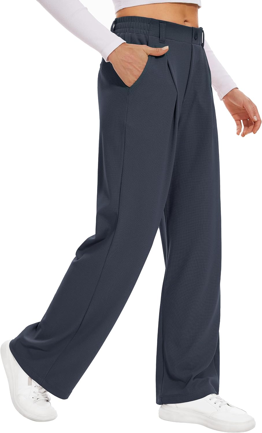 Detalle 2 de Desol Waffel Lang Palazzo Hose für Damen mit Taschen – High Waist Sommerhose aus luftigem Stoff