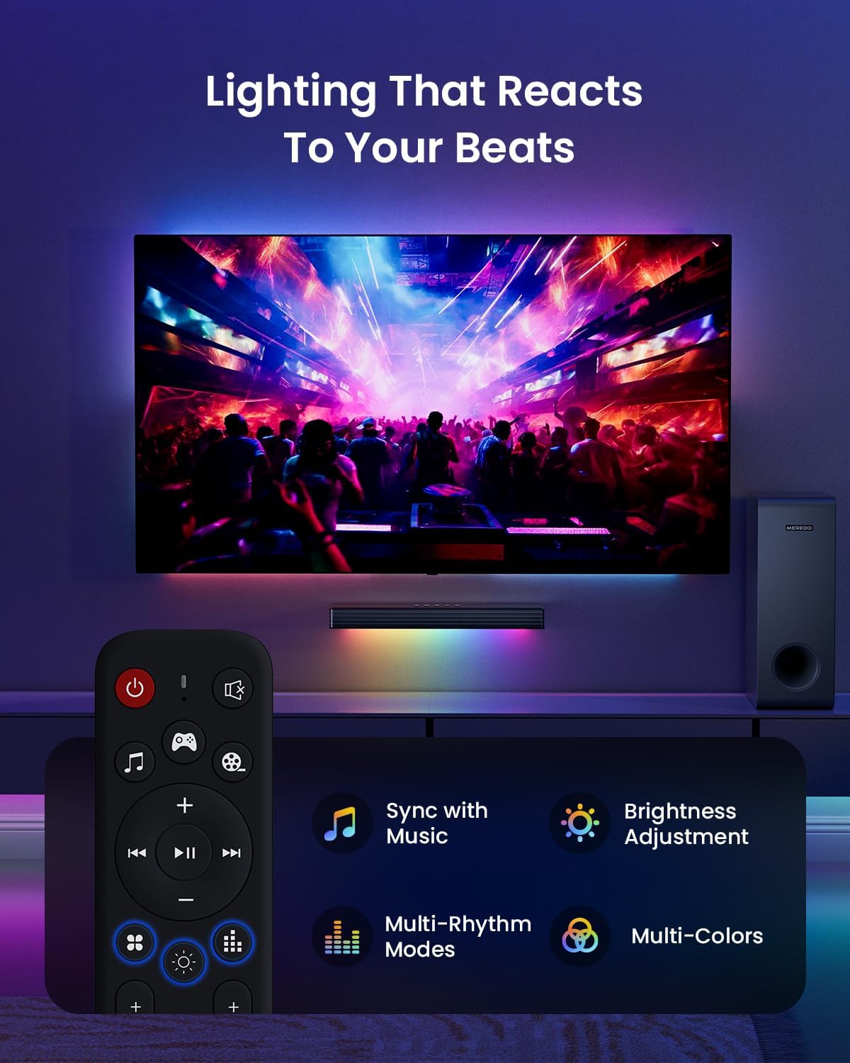 Detalle de MEREDO G38-US 3.1-Channel Soundbar with Wired Subwoofer and RGB Lighting
