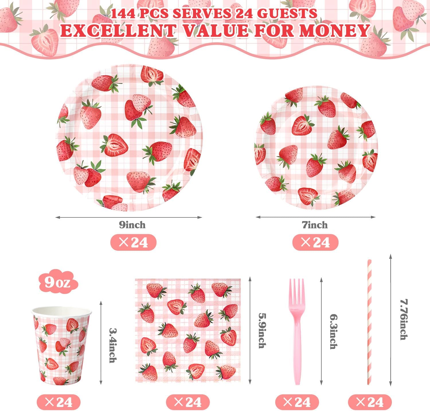 Detalle 2 de Strawberry Plates and Napkins Set 144pc 🍓