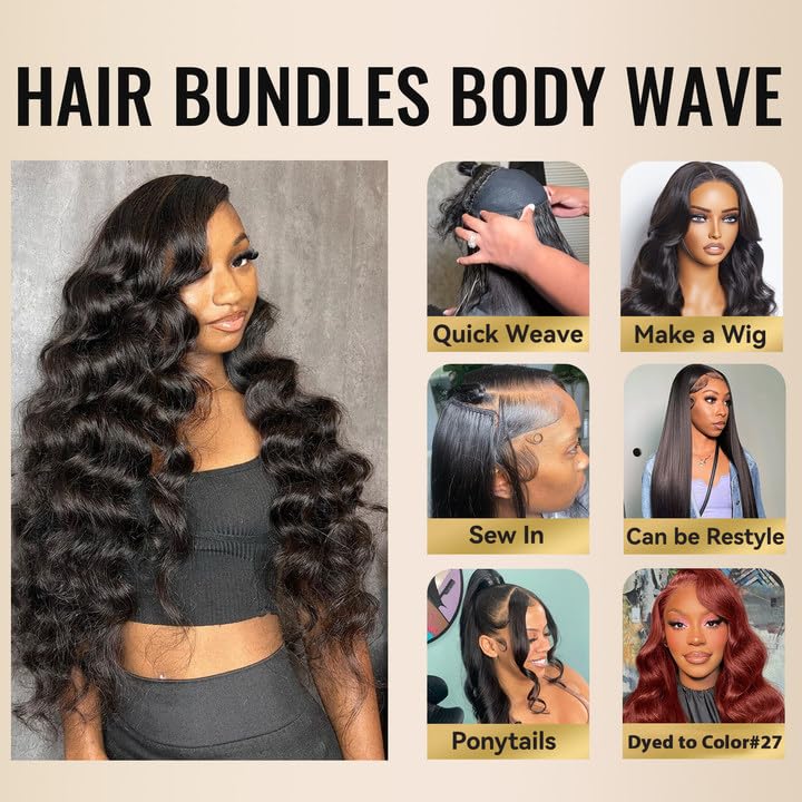 Thumbnail 6 de WEQUEEN 16A Brazilian Virgin Body Wave Human Hair Bundles (18, 20, 22 inch) in #1B