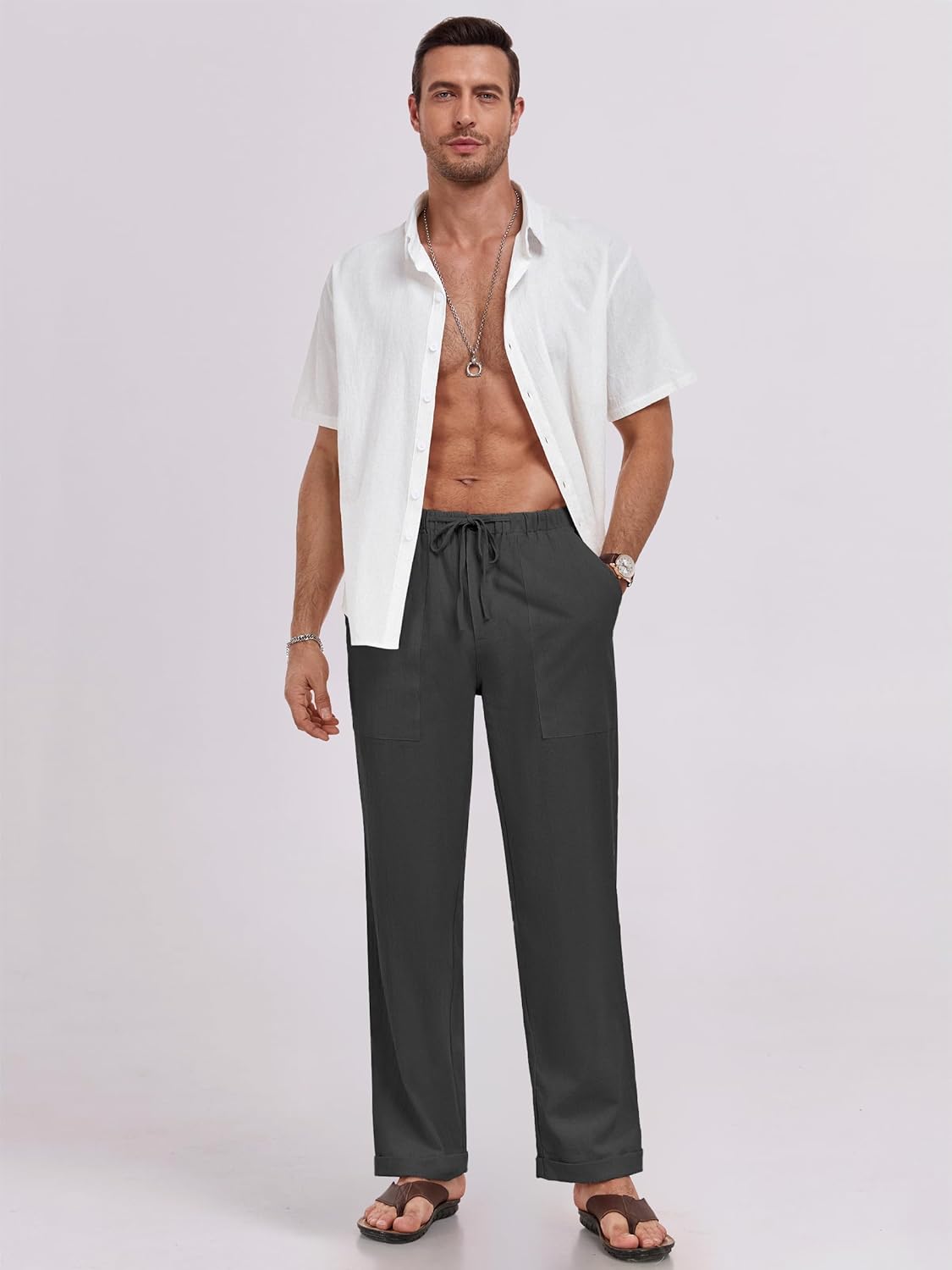 Thumbnail 6 de Puimentiua Leinenhose Herren – Europäische Größe, leichter Sommerlook, Loose Fit mit Tunnelzug