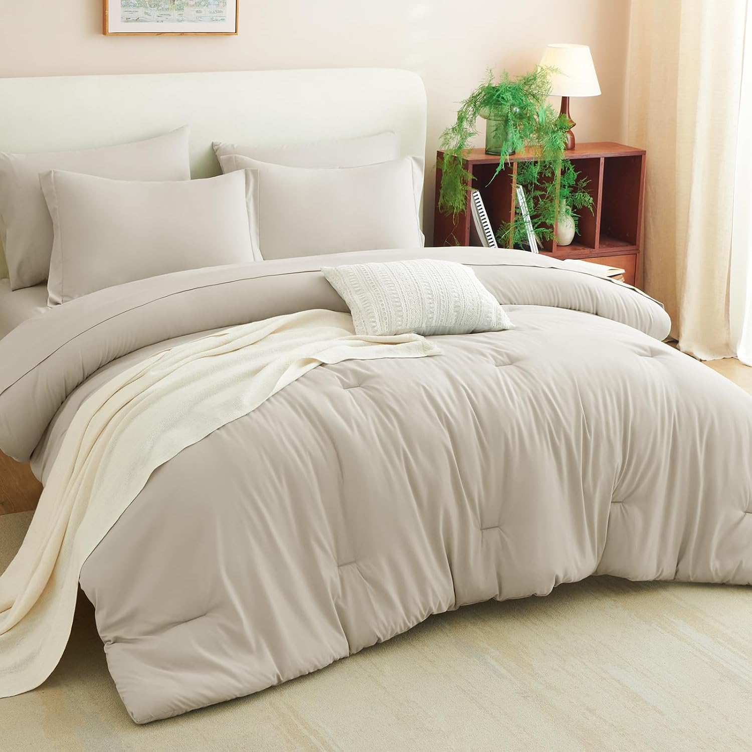 Thumbnail 6 de CozyLux Full Size Comforter Set Beige (7-Piece Bed in a Bag) with Down Alternative Comforter