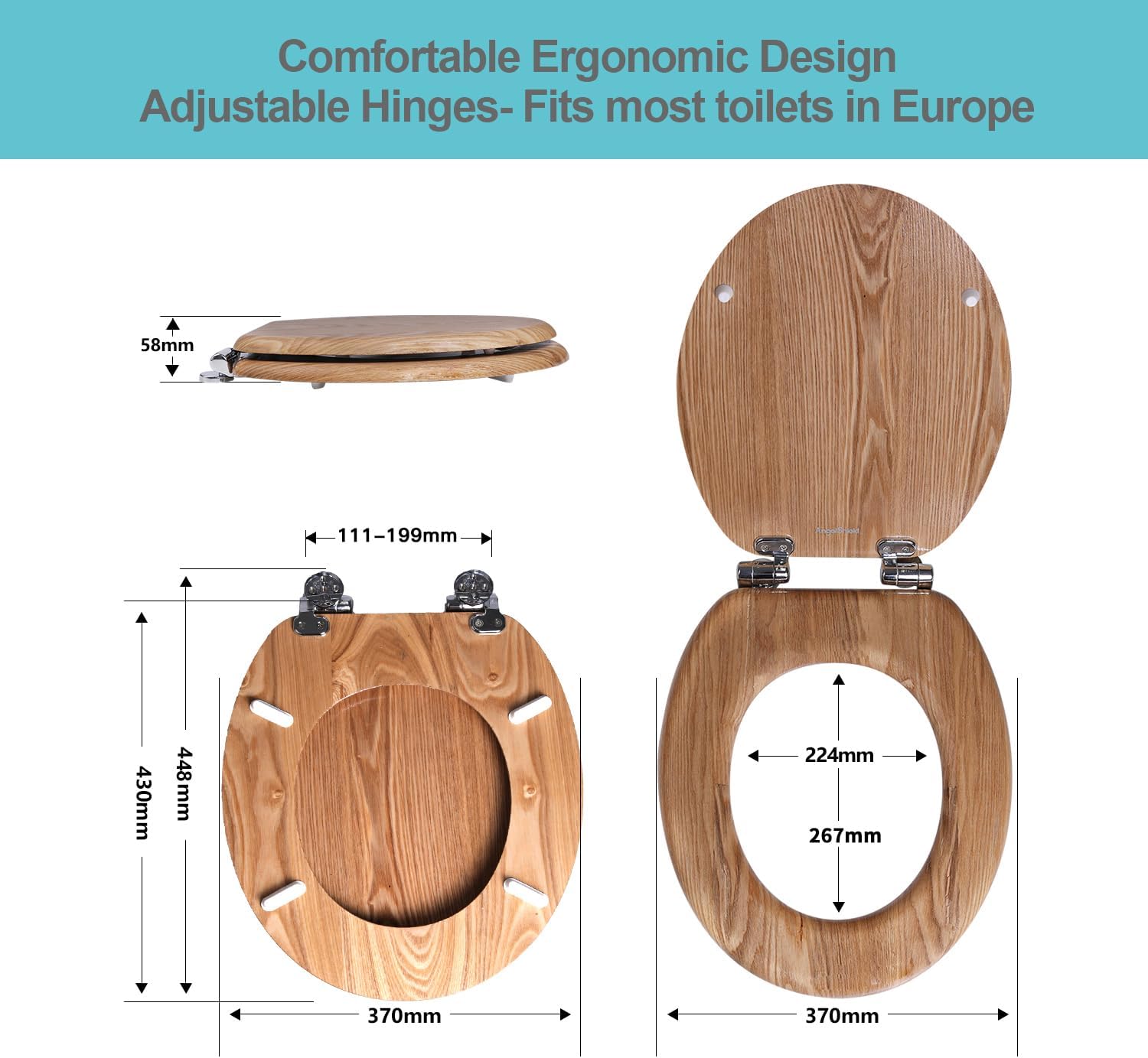 Thumbnail 1 de Angel Shield Antibacterial Wooden Soft Close Toilet Seat with Quick Release Adjustable Hinges Toilet Seat Easy Clean and Assembly for Bathroom 45 x 37 x 5.6 cm (Solid Oak)
Angel Shield Antibacterial Wooden Soft Close Toilet…