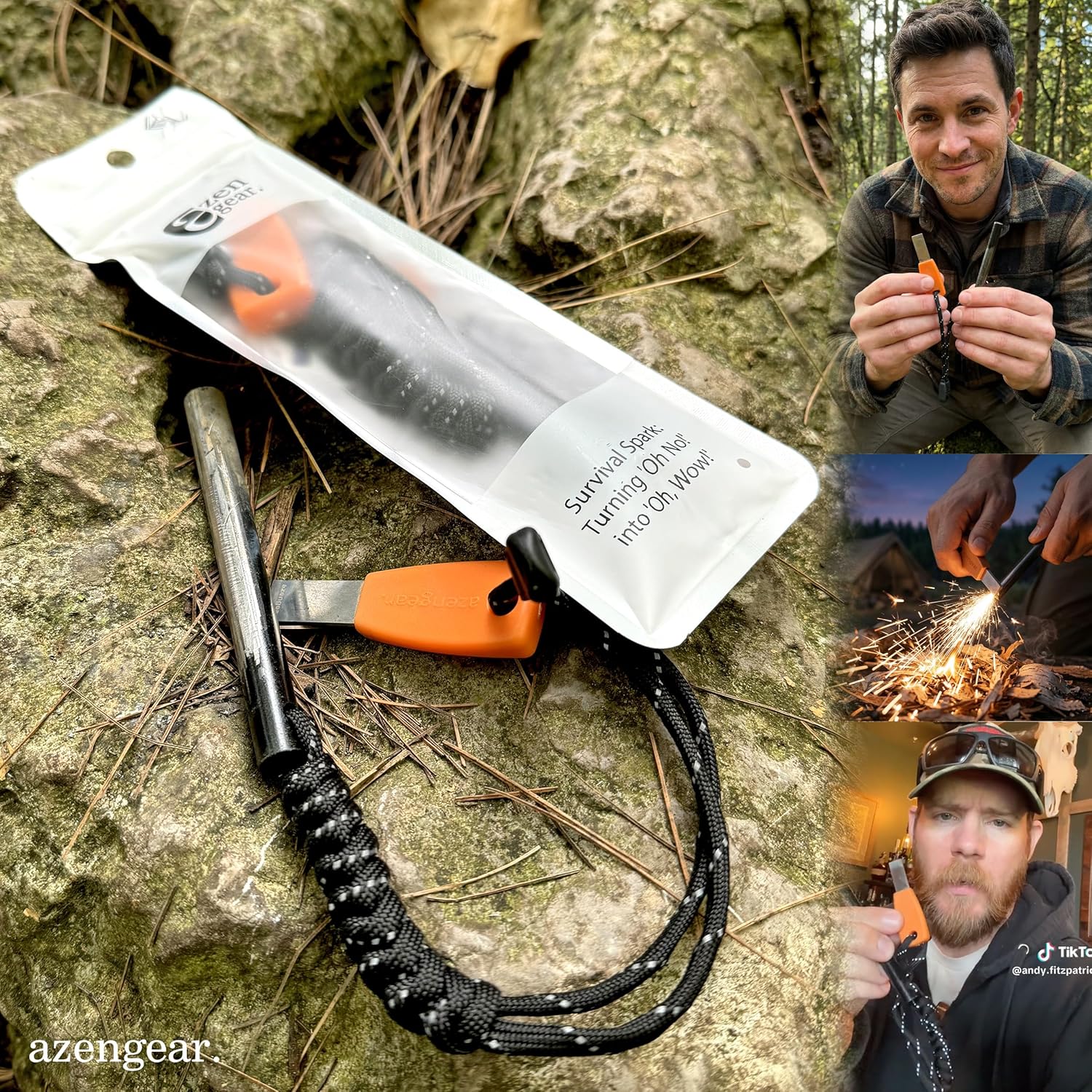 Detalle de aZengear Accendifuoco Firesteel Ferrocerio XXL con raschietto HSS e paracord fluorescente