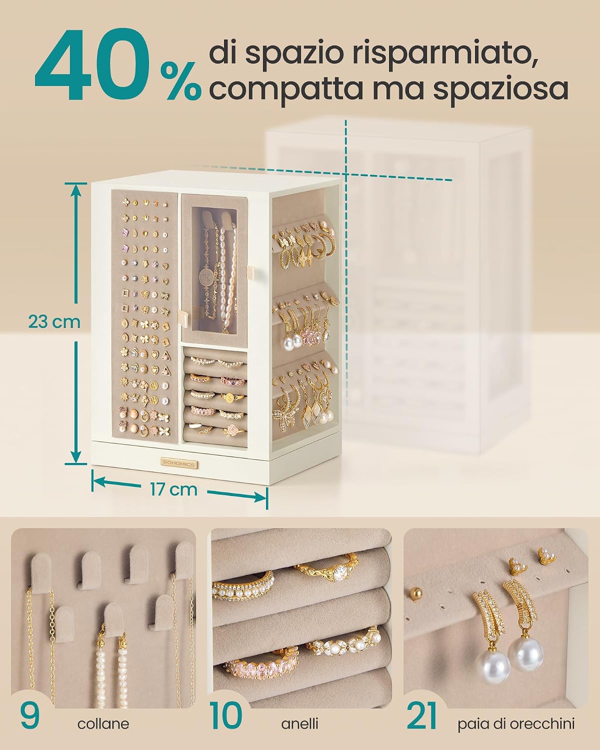 Detalle de SONGMICS Scatola Portagioie Girevole 360° JBC211WD01 — 4 Cassetti, Bianco Crema