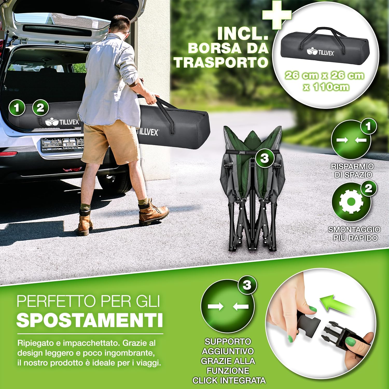 Thumbnail 3 de tillvex Letto da campeggio pieghevole con borsa – lettino extra lungo fino a 200 kg