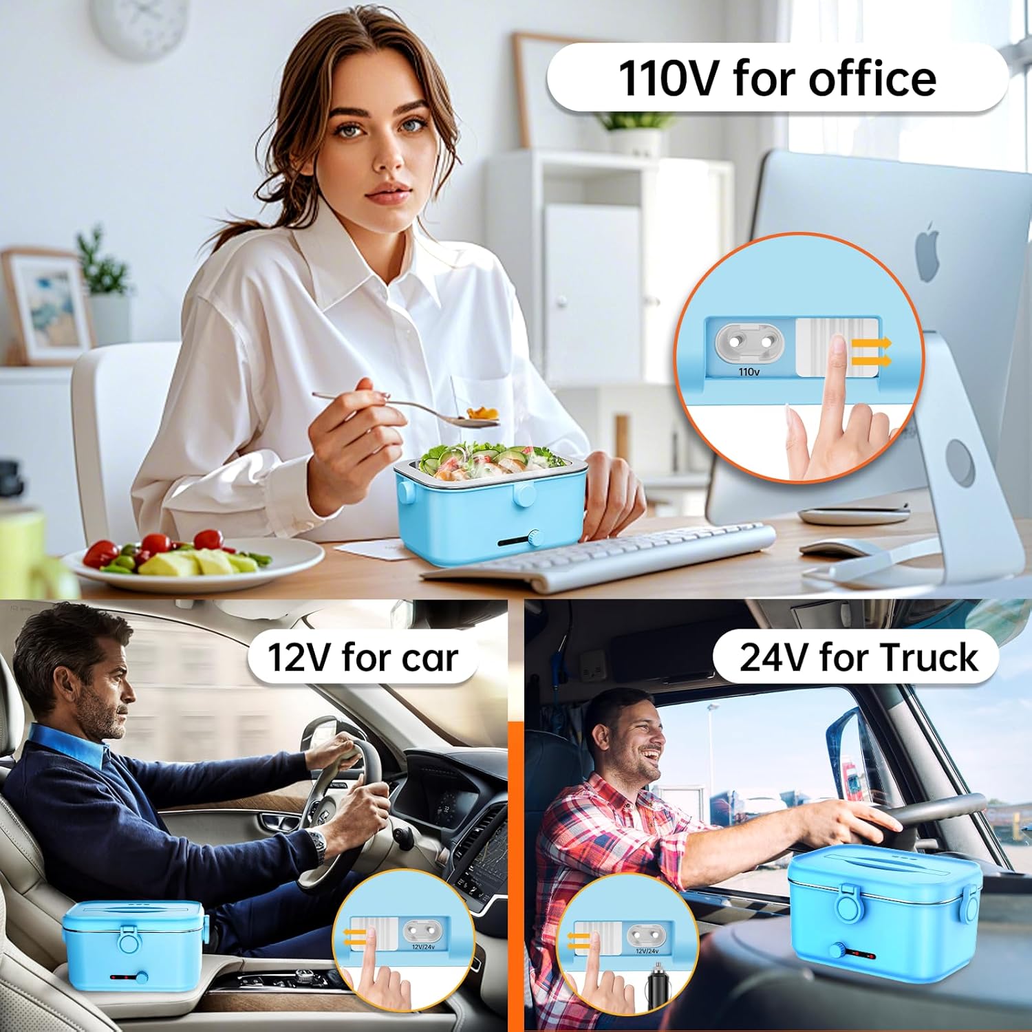 Detalle de Mangoin Heated Electric Lunch Box for Adults, 80W Portable Food Warmer (1.8L Stainless Steel) with Car/Home Flexibility