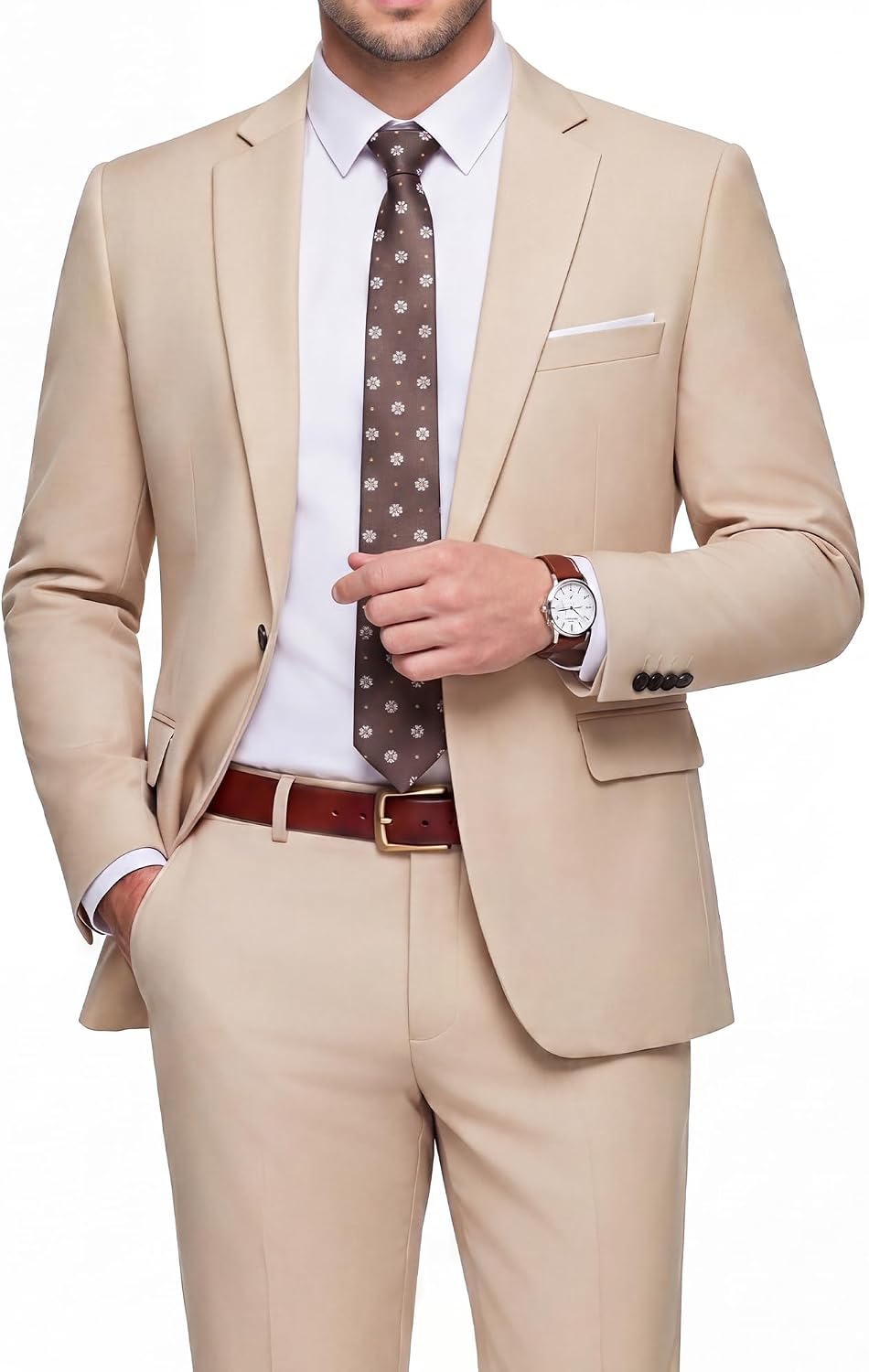 Detalle de WULFUL Men's Slim-Fit Suit Set with One-Button Blazer and Flat-Front Pants