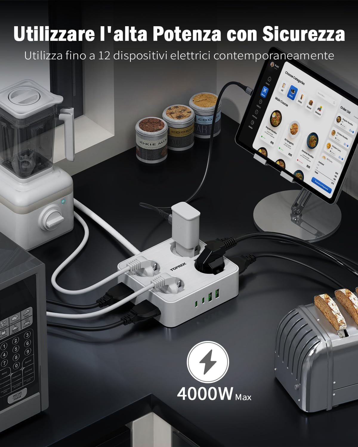 Thumbnail 6 de TOPREK Ciabatta Multipresa Elettrica 12-in-1: 8 prese universali con USB-C PD 20W, prolunga 2 m e design angolare