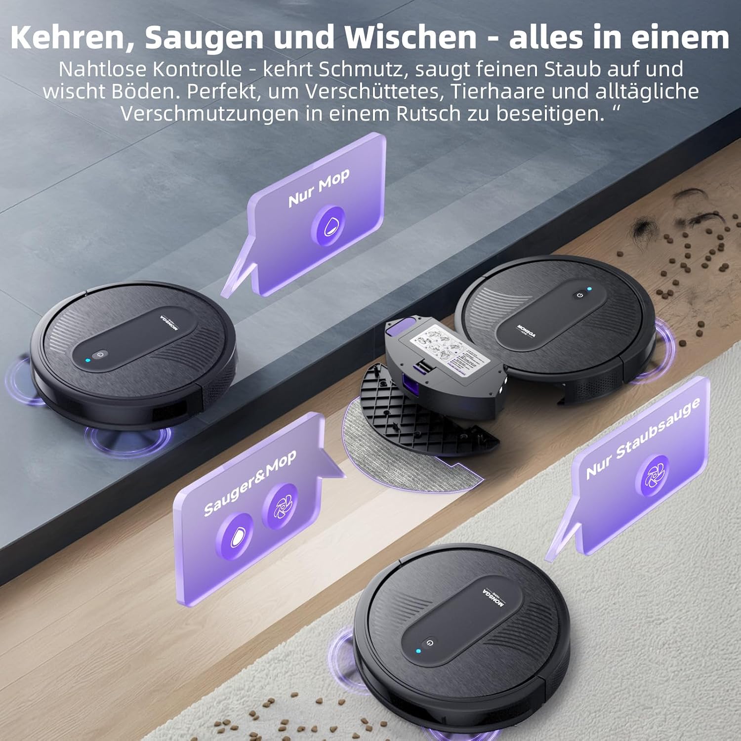 Detalle de MONSGA Saugroboter mit Wischfunktion 4000PA – 3-in-1, App-Steuerung, 140 Min Laufzeit