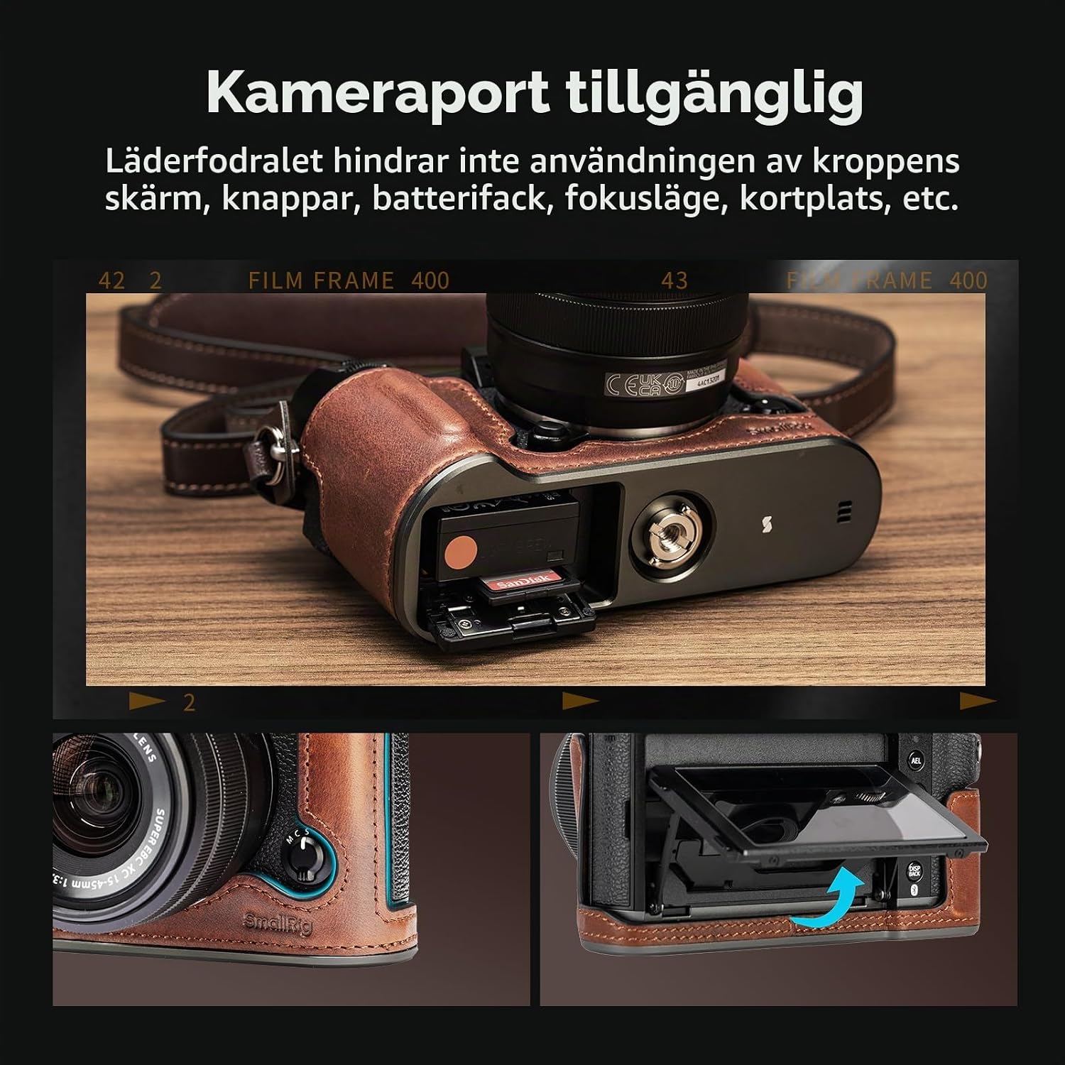 Detalle de SMALLRIG 4710 halvfodral för FUJIFILM X-T50 i brunt läder med axelrem