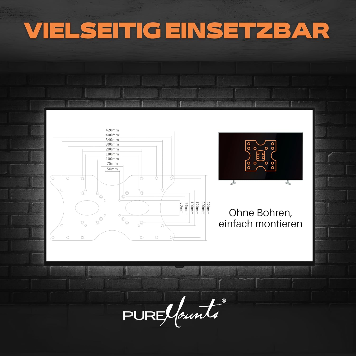 Detalle de PureMounts Adaptateur Vesa — Plaque d’adaptation universelle 50x50 à 400x200 mm (Noir)