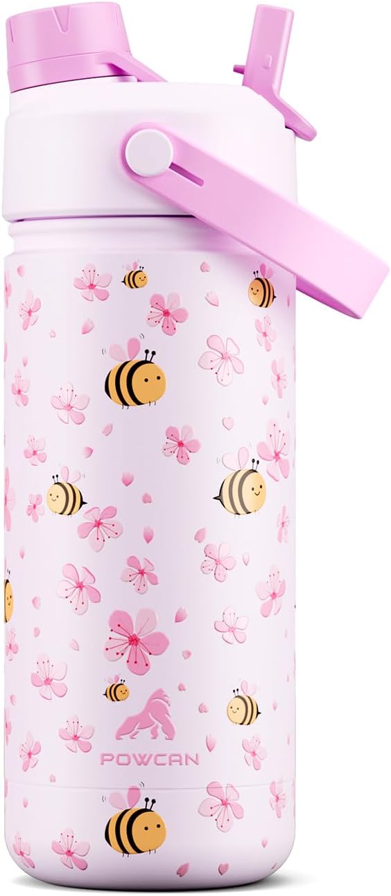 POWCAN 18 oz Insulated Water Bottle for Kids, Bee in Bloom, 2-in-1 Lid