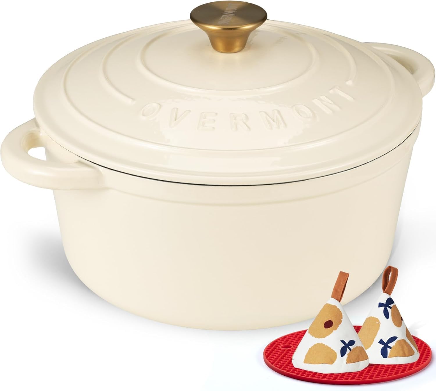 Detalle de Overmont 26cm Enamelled Cast Iron Round Casserole Pot with Lid – 5.2L Cream White