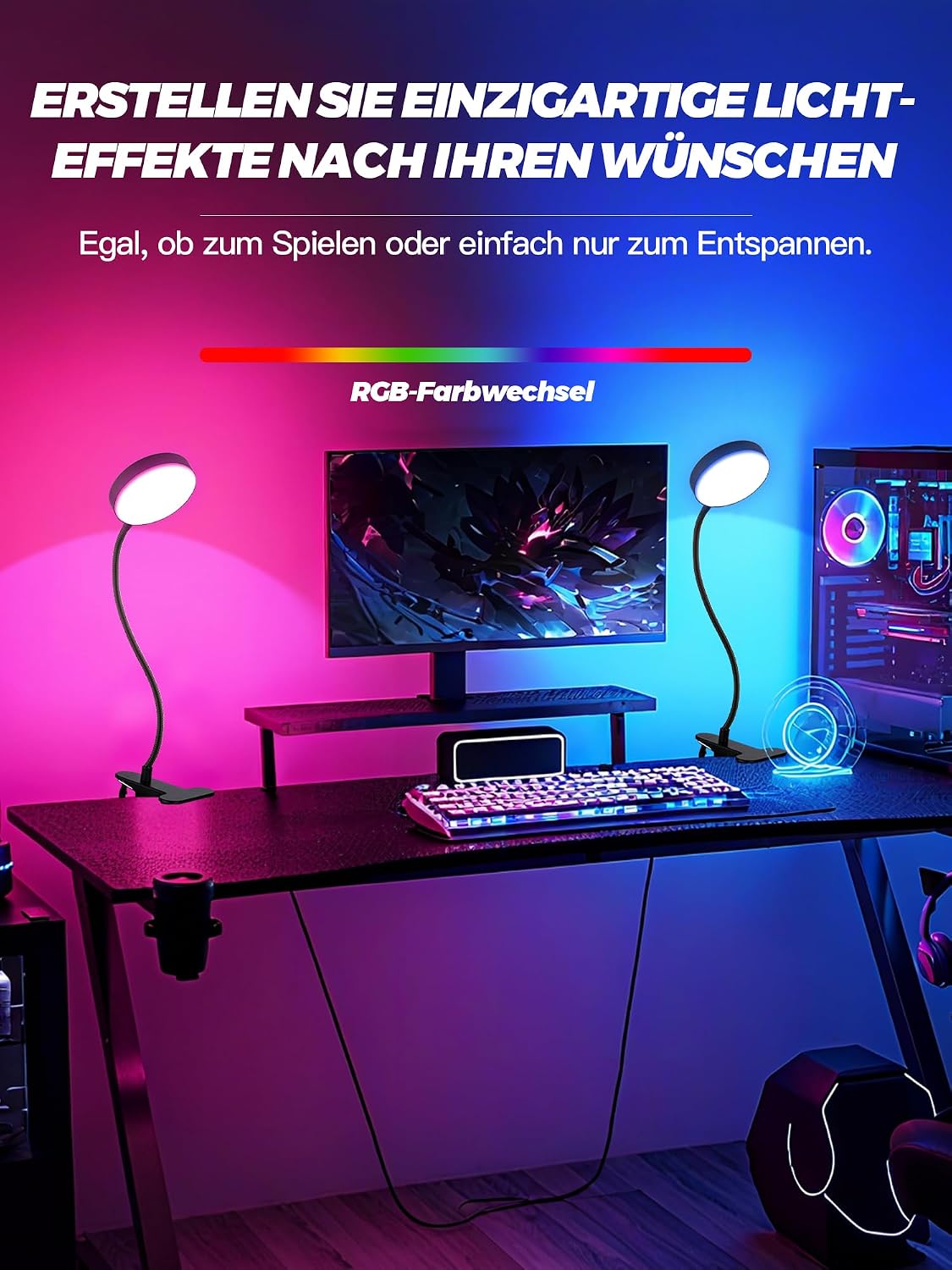 Detalle de Lampe de Bureau à Pince ReinHoo 72 LED RGB – 10 teintes + 10 niveaux, USB