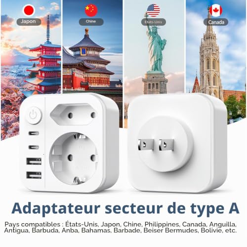Detalle de Oivneele Adaptateur de voyage 6-en-1 Type A avec 2 ports USB-C et 2 USB-A