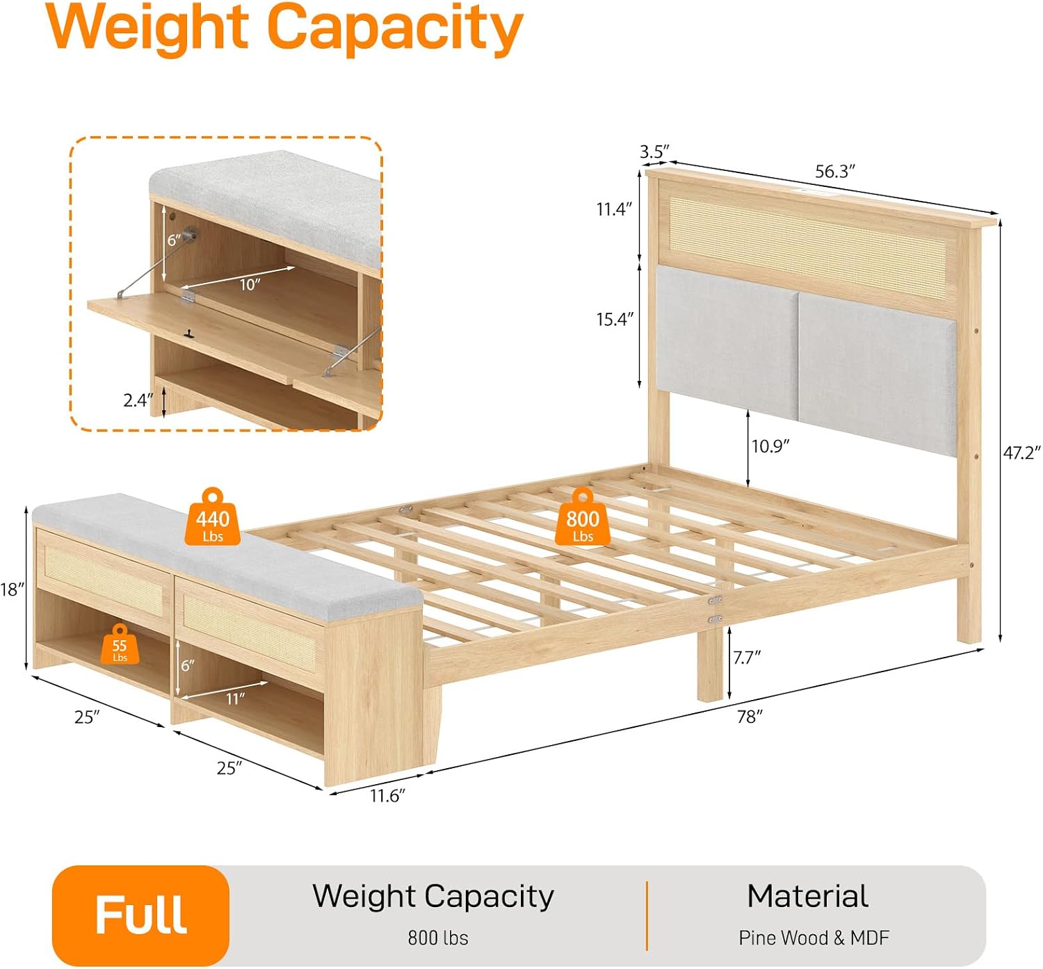 Detalle 2 de VINGLI Full Bed Frame with Rattan Headboard