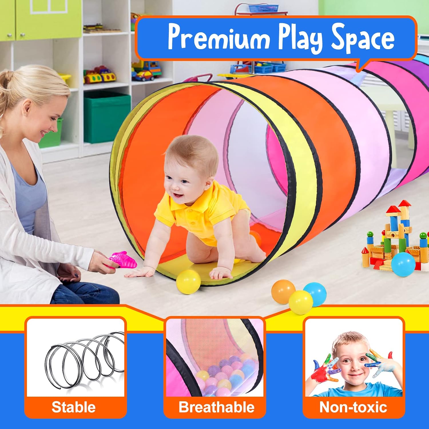 Thumbnail 3 de SweHouse Colourful Pop-Up Play Tunnel for Kids, 175 cm, Collapsible