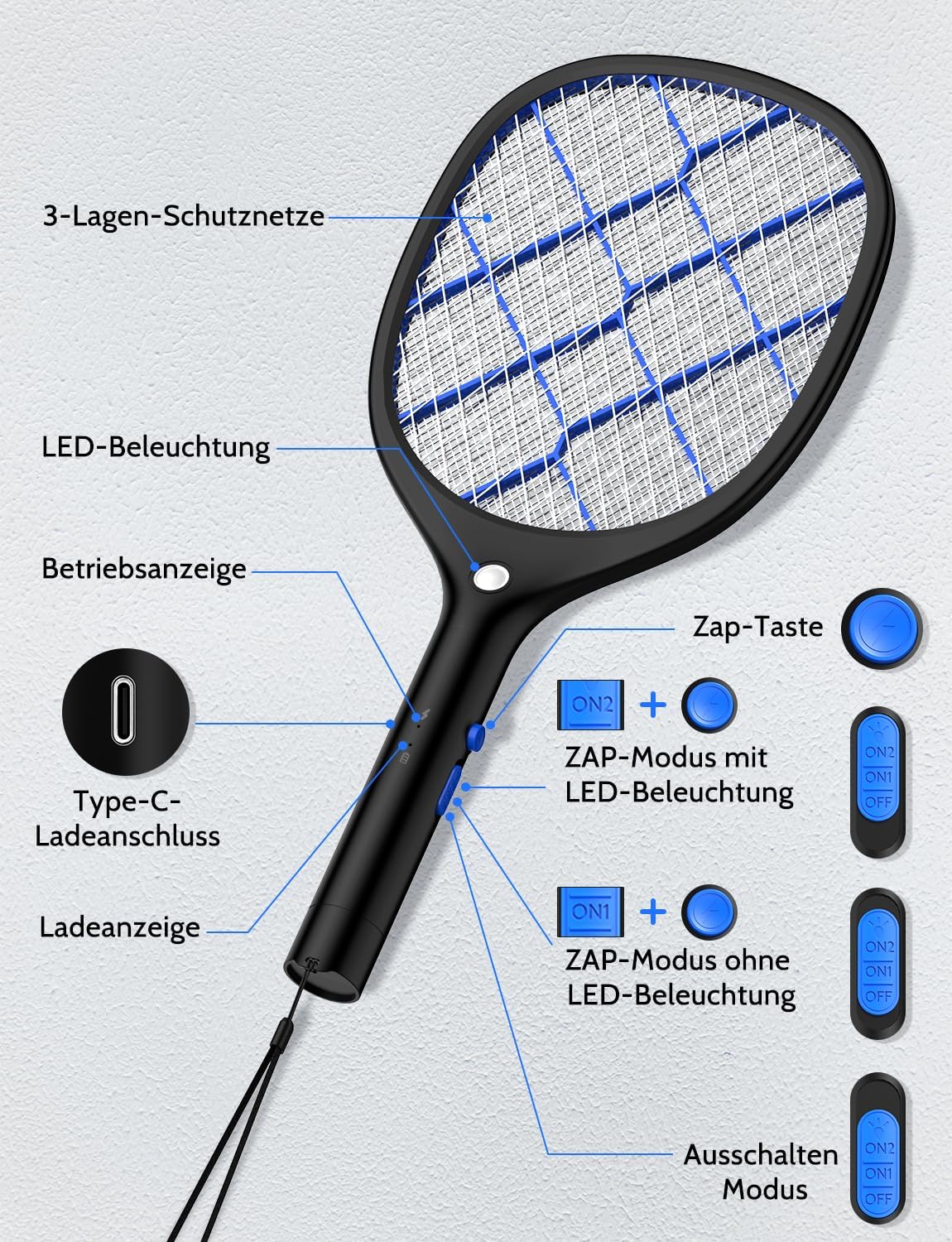 Thumbnail 6 de Yissvic Elektrische Fliegenklatsche extra stark 4000V – zuverlässiger Insektenschutz für Outdoor-Aktivitäten