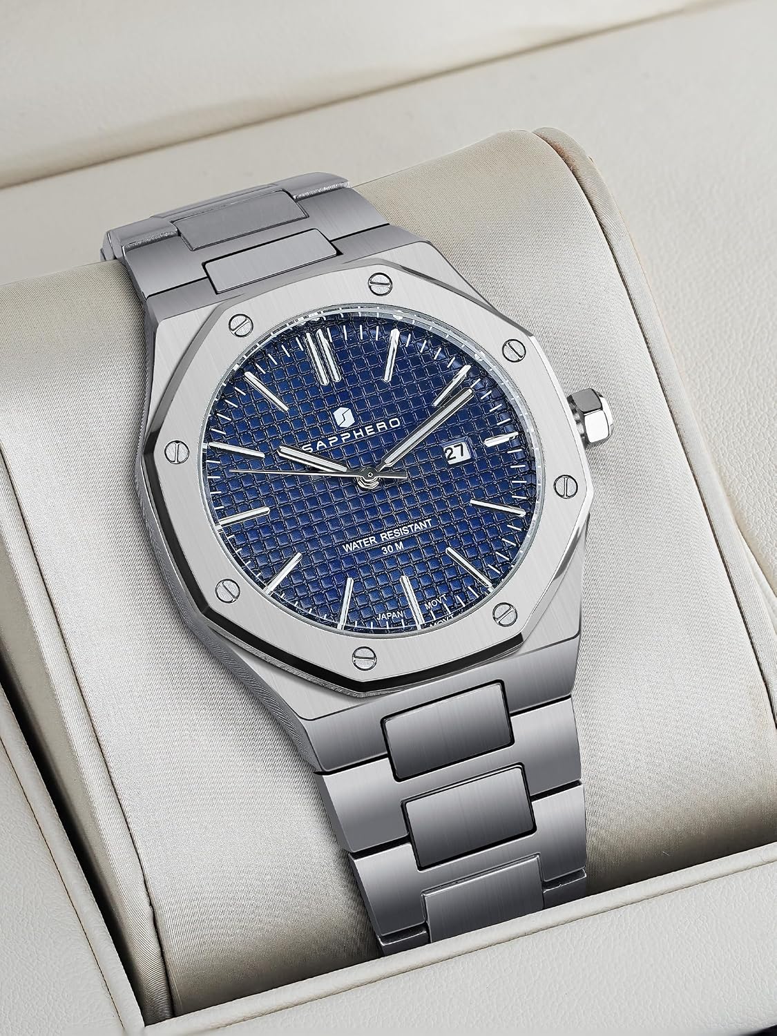 Detalle de SAPPHERO montre homme octogonale en acier à quartz japonais – cadran damier, étanchéité 10/30M