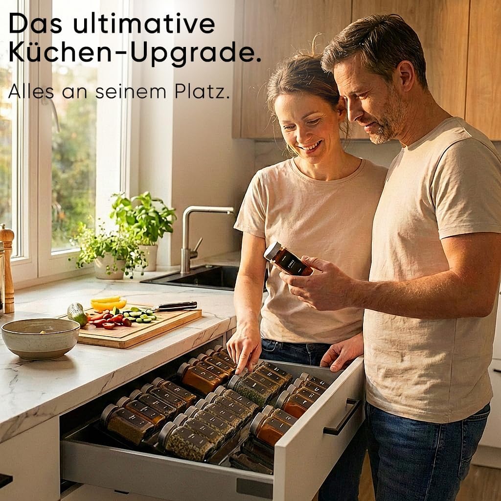 Detalle de Deco haus Gewürzregal mit 24 Gläsern – ausziehbarer Gewürz-Schubladeneinsatz mit Etiketten