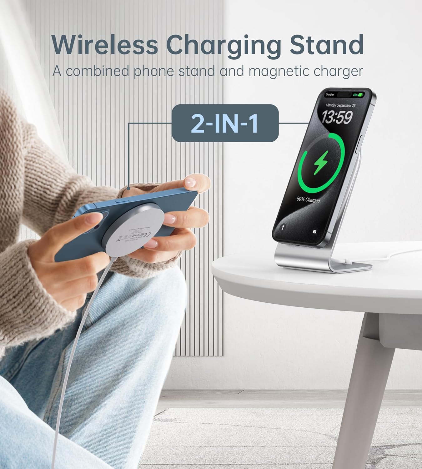 Detalle 2 de Kabysio ZY-MIX00117-US Magnetic Wireless Charger Stand, Aluminum, 15W