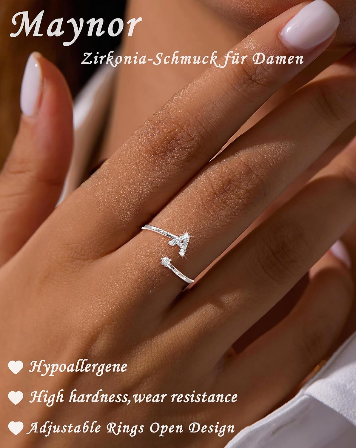 Detalle de Maynor A-Z Buchstaben-Ring aus Silber 925 mit Cubic-Zirkonia, verstellbar (Größe 50–60)