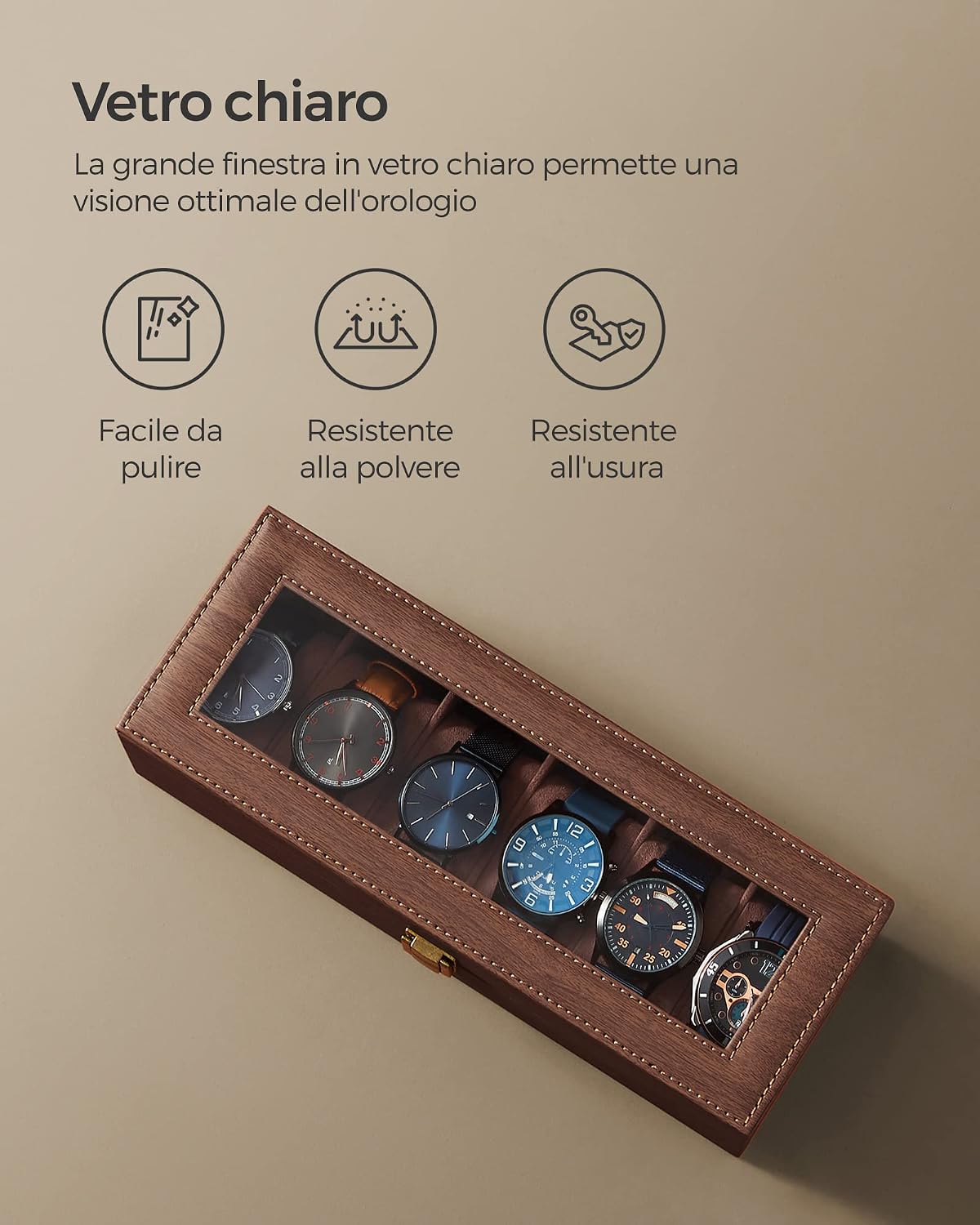 Detalle 2 de SONGMICS Porta Orologi a 6 Posti JWB006K01 – Scatola Portaorologi in PU Marrone con Coperchio in Vetro
