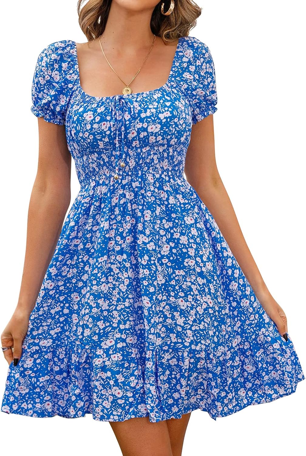 Detalle de Livonmone Damen Kleid – Blumendruck Sommerkleid mit hoher Taille, V-Ausschnitt und verstellbaren Trägern