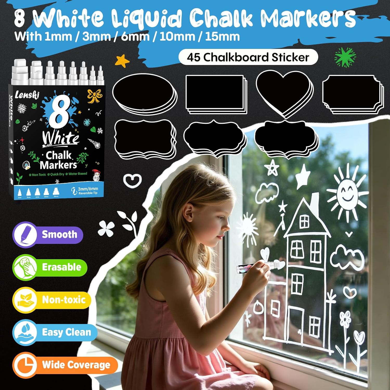 Thumbnail 2 de Lenski White Chalk Pens – 8-pack liquid chalk markers with 45 chalkboard labels (white, multiple tip sizes)