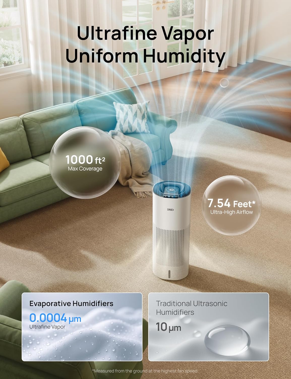 Detalle de DREO DR-HHM014S White Smart Evaporative Humidifier, 10L Tank, 1,000 sq ft