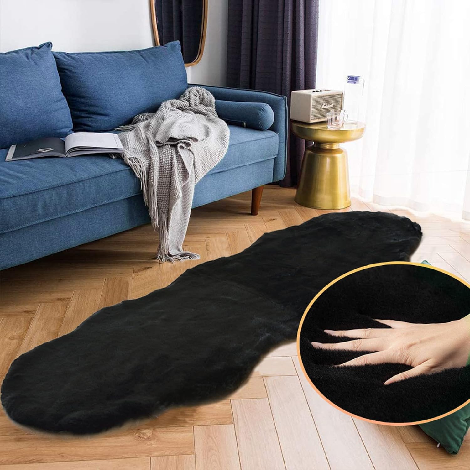 Detalle de ORINOVA Tappeto Camera da Letto 60x180 cm Nero in “pelle” di coniglio sintetica, lavabile e morbido