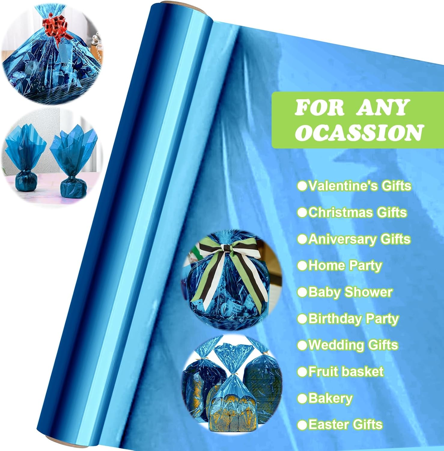 Thumbnail 4 de 43 cm x 30 m blaue Klarsicht-Cellophanfolie (3 Mil) – transparente Geschenkverpackung für Körbe, Blumen und Snacks