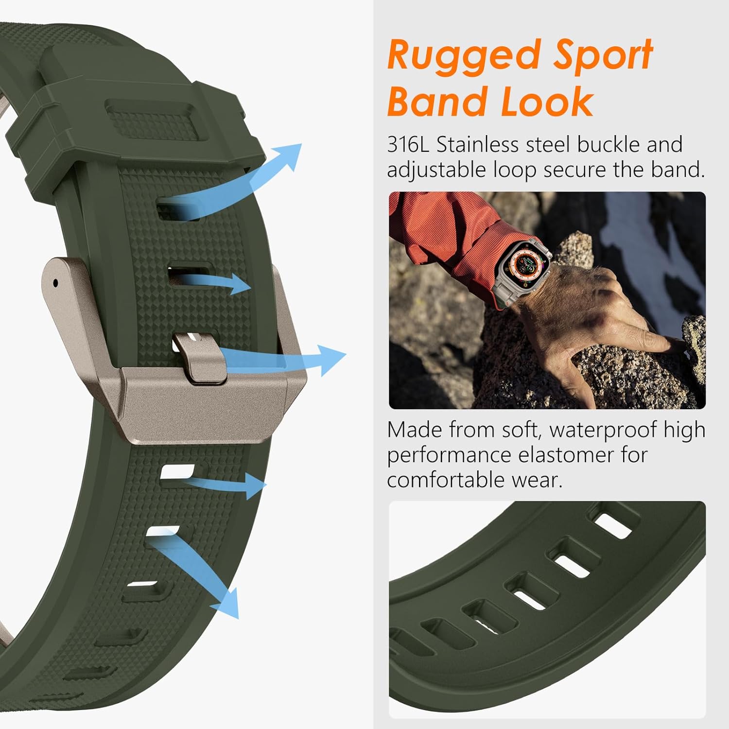 Thumbnail 3 de Fullife Silicone Sport Strap with Stainless Steel Connector for Apple Watch (42–49mm) – Green/Titanium Connector