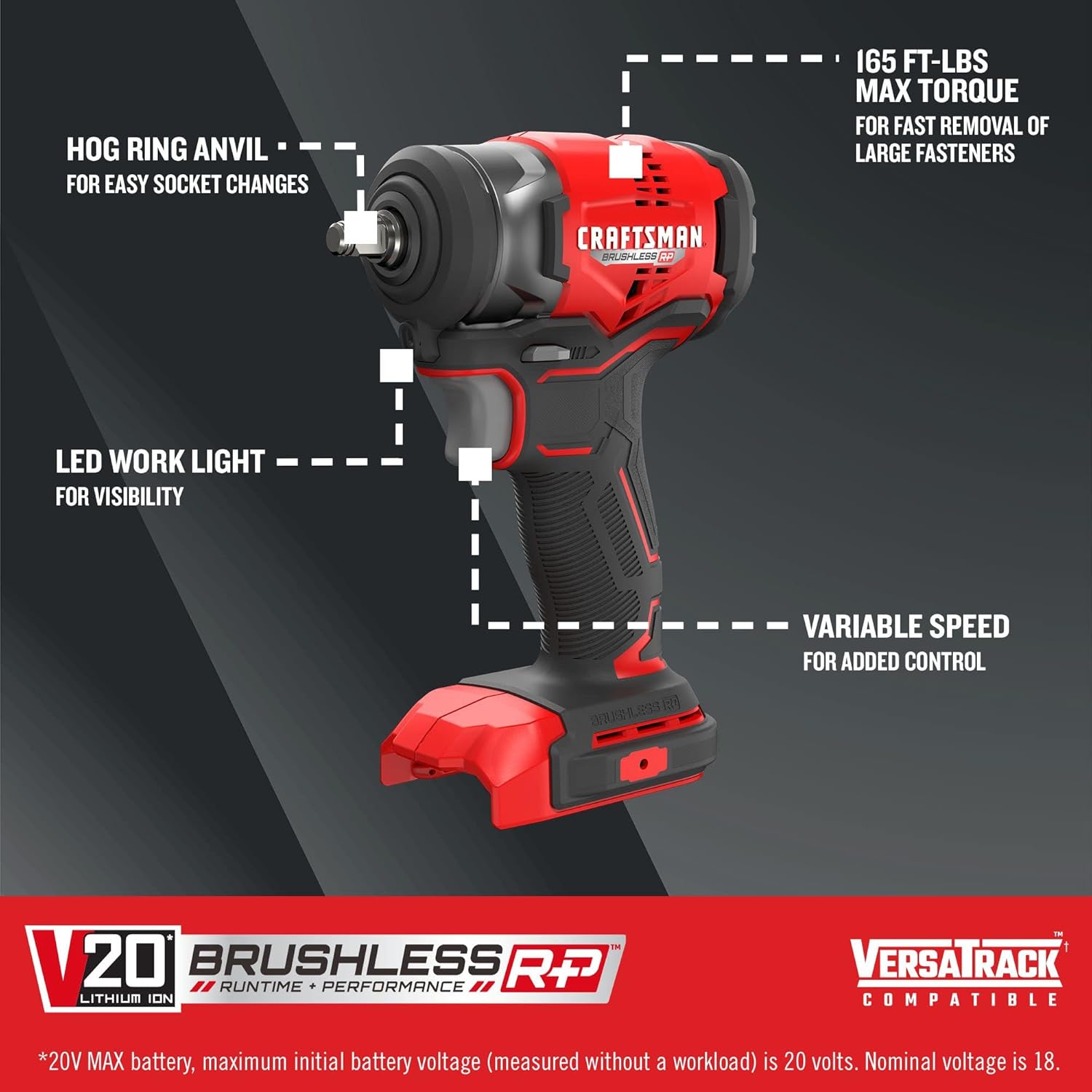 Detalle de CRAFTSMAN V20 RP Cordless Impact Wrench, 3/8 in Drive — Bare Tool Only (CMCF911B)