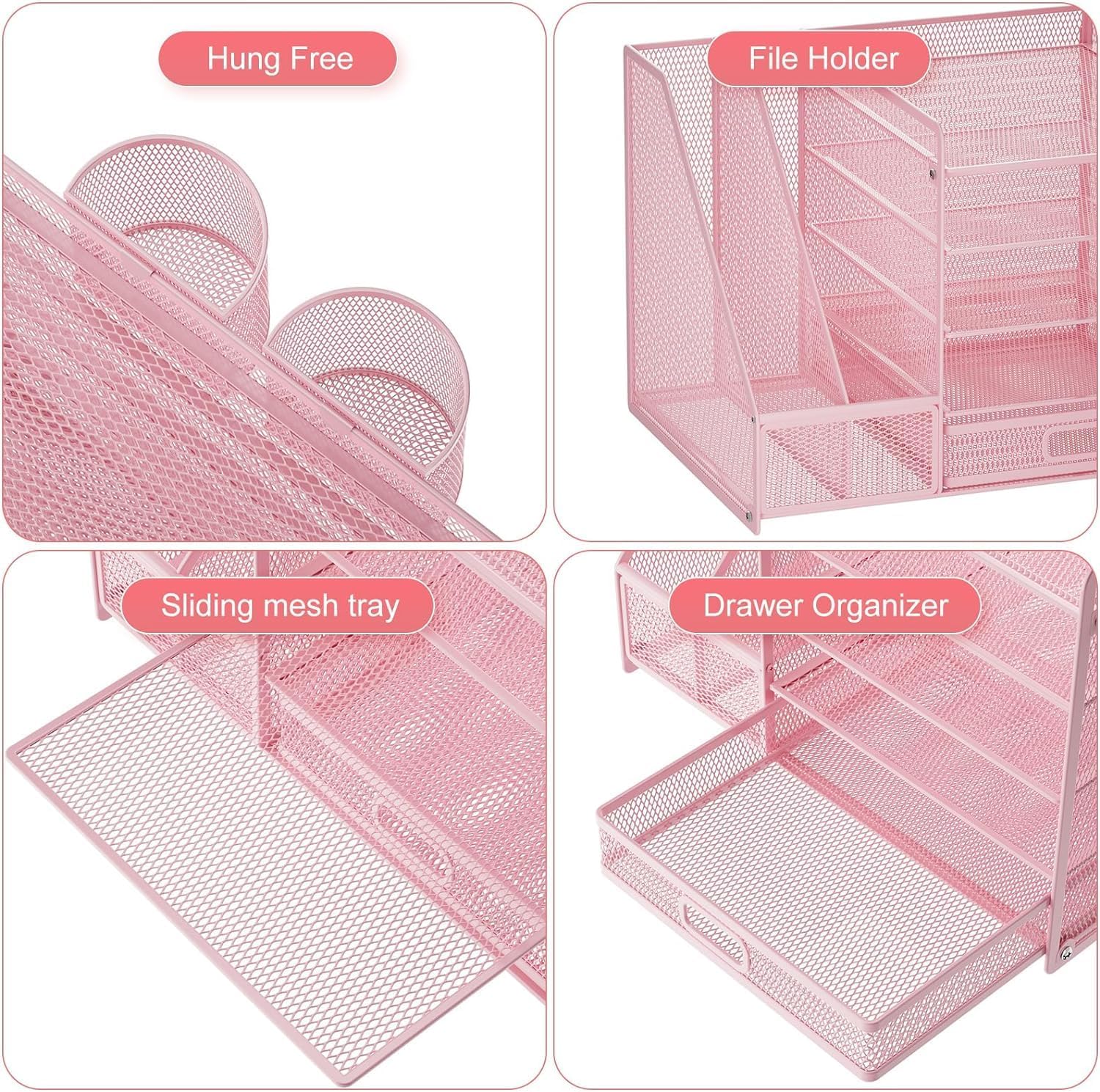 Detalle 2 de Marbrasse Desk Organiser File Holder (5-tier tray, drawer, 2 pen holders) – Pink