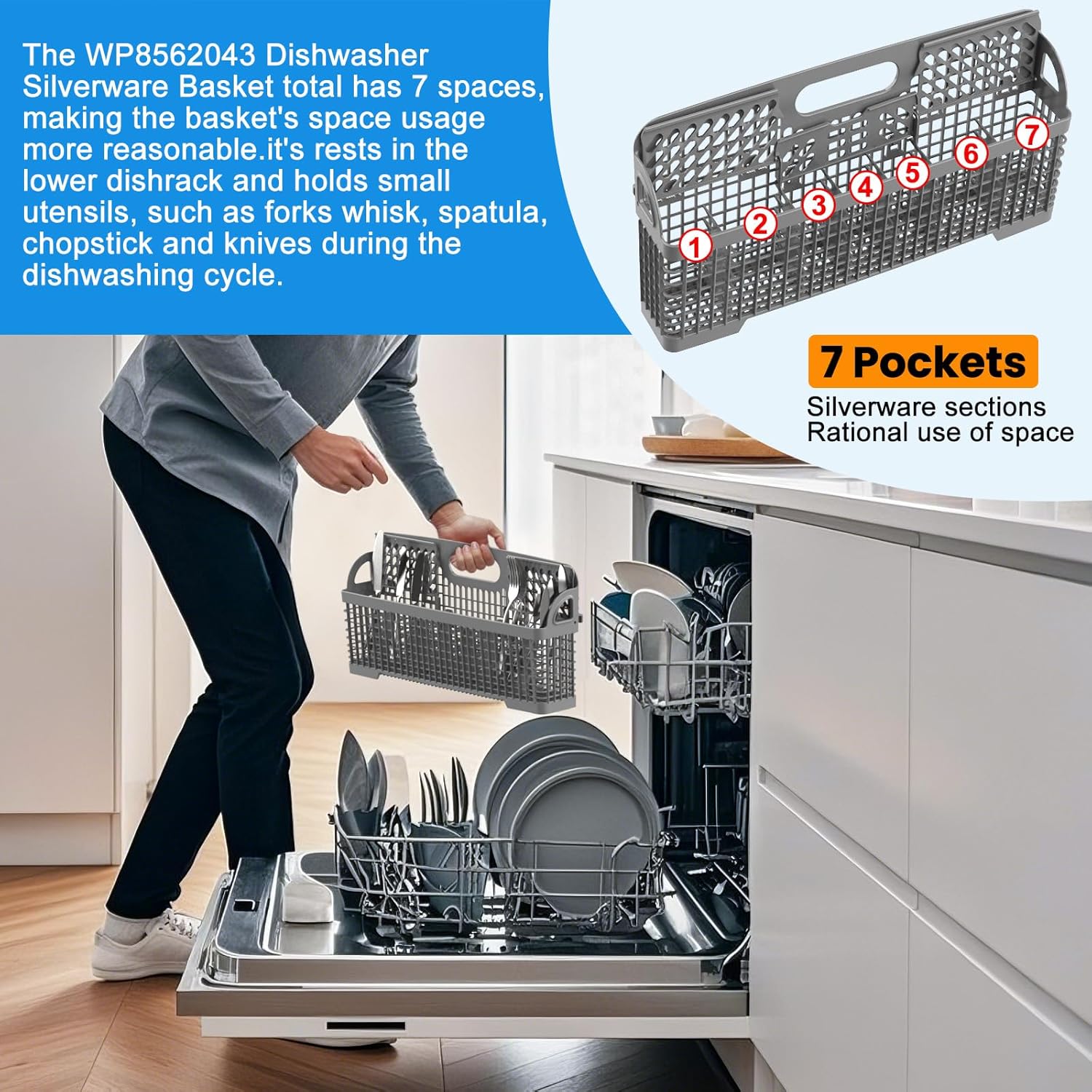 Detalle 1 de WP8562043 / 8531233 Dishwasher Silverware Basket, 7 Compartments, ABS