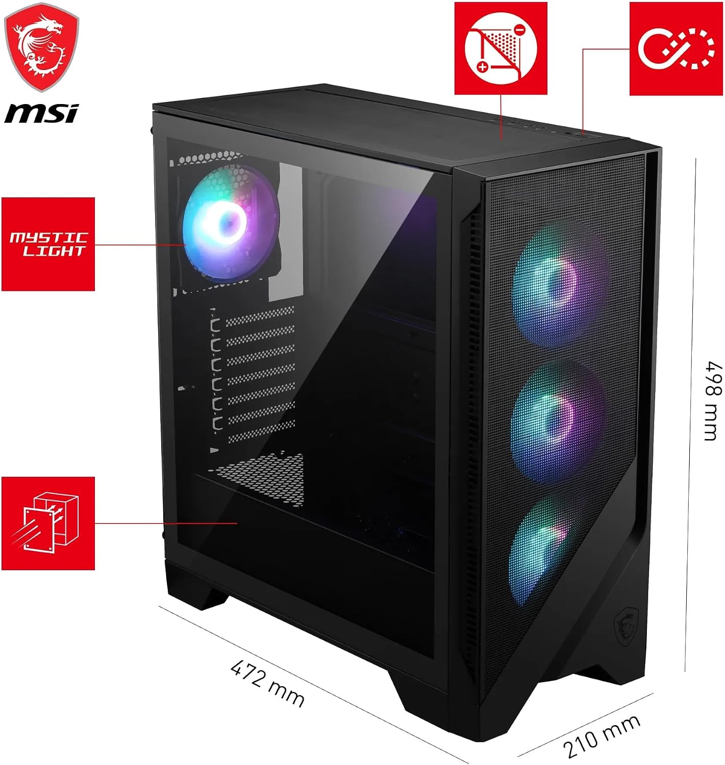 Detalle de MSI MAG Forge 320R Airflow : boîtier PC moyen tour ATX pensé pour le refroidissement et les GPU RTX 40