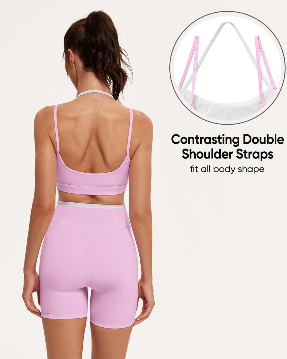 Detalle 2 de OMKAGI Women’s Training Set: Halter Low-Back Sports Bra + Double-Layer Biker Shorts