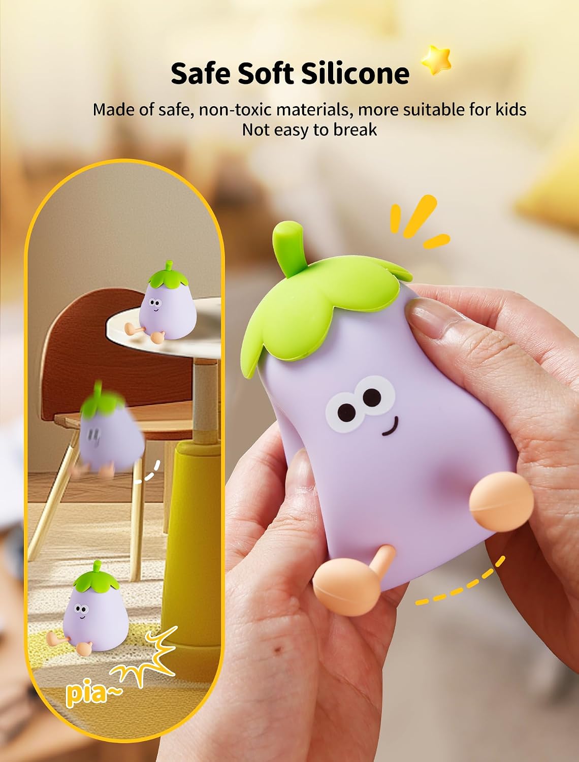 Detalle 1 de Tarinks Eggplant Night Light, Rechargeable Silicone LED Lamp with 7 Colors